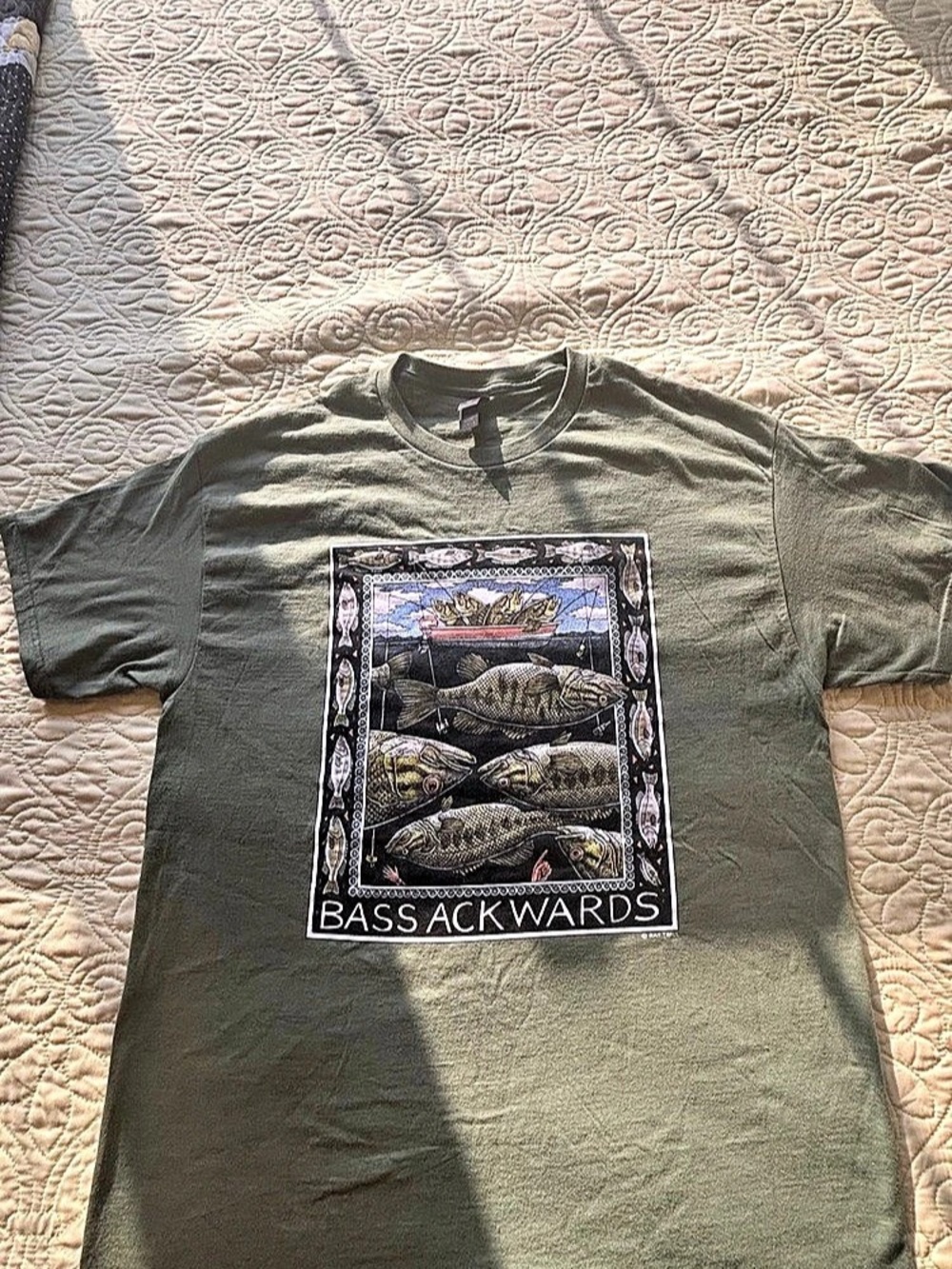 Ray Troll Bass Ackwards T-Shirt Graphic Tee in Green - Picture 2 of 6